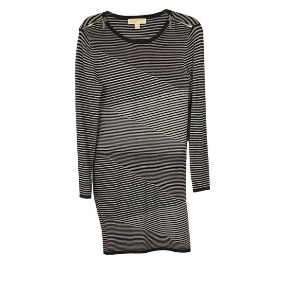 Michael Kors Ponte Knit Heather Pearl Gray Stripe Knit Dress Stretch Fitted sz S - Picture 5 of 13